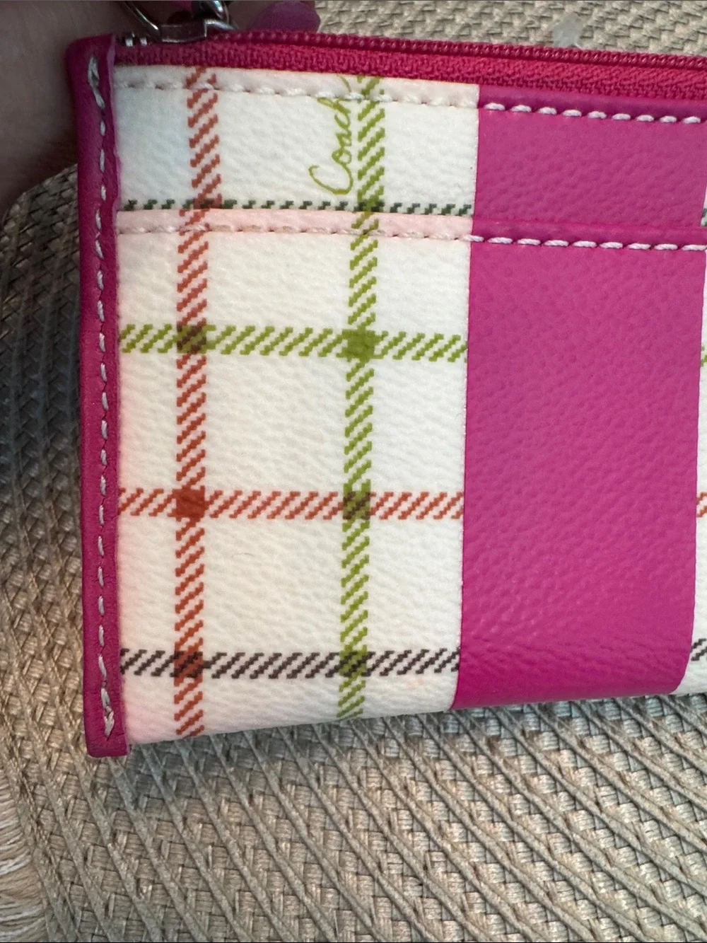Coach Pink Plaid Zip Card Case Keyring